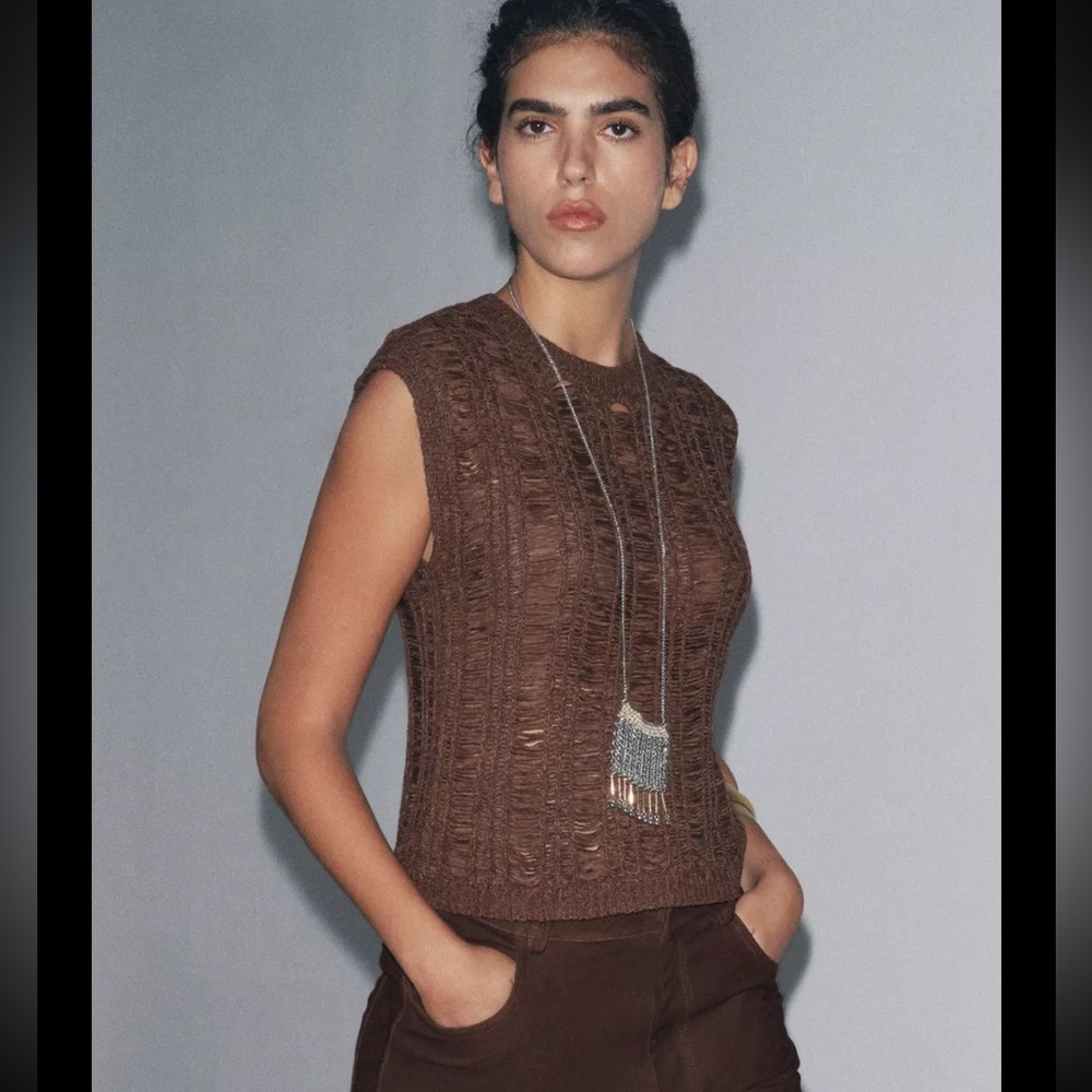 Zara ribbon Knit top, brown - Picture 4 of 15